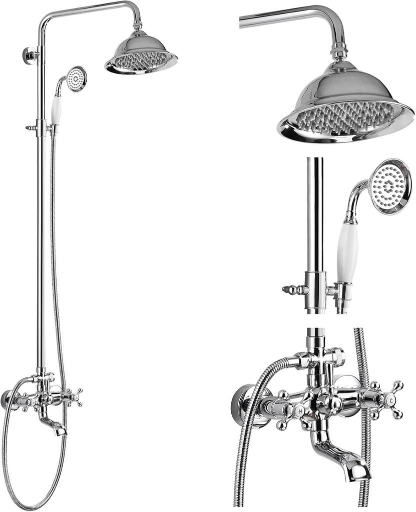 gotonovo Bathroom Exposed Shower Faucet Outdoor Shower System 8 Inch Rainfall Shower Head Set with Tub Spout and Handheld Spray Double Cross Handles Wall Mount without Shower Shelf Polished Chrome
