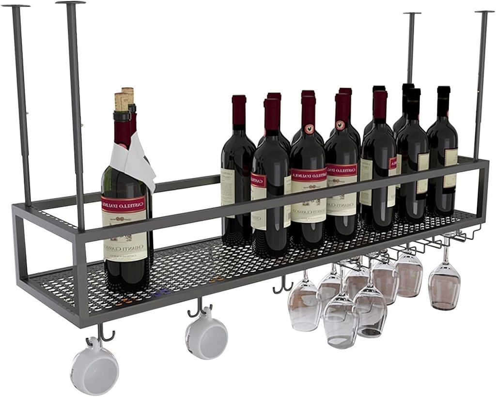 Ceiling Mounted Wine Rack Hanging Wine Holder, Metal Wine Glass Goblet Holder, Bar Wine Cellar Kitchen Wine Storage Floating Display Shelves, Black (Size : 100x25x21cm)