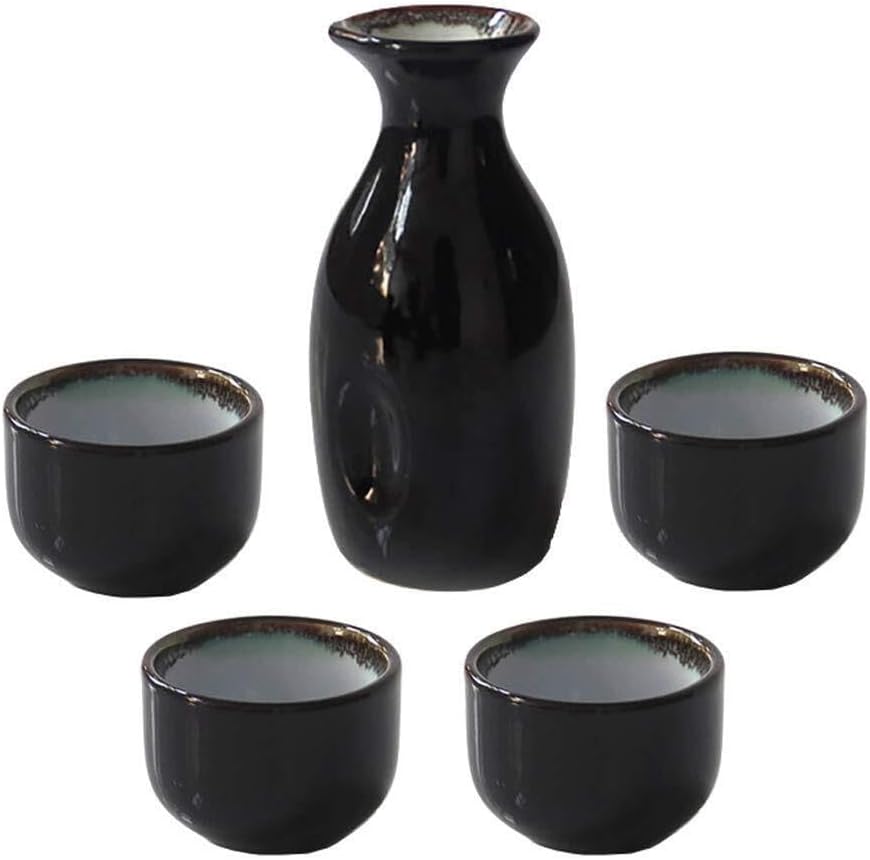 5-Piece Japanese Sake Set, 9oz Black Ceramic Sake Pot & Cup Set for Cold/Warm Sake, Best Gift