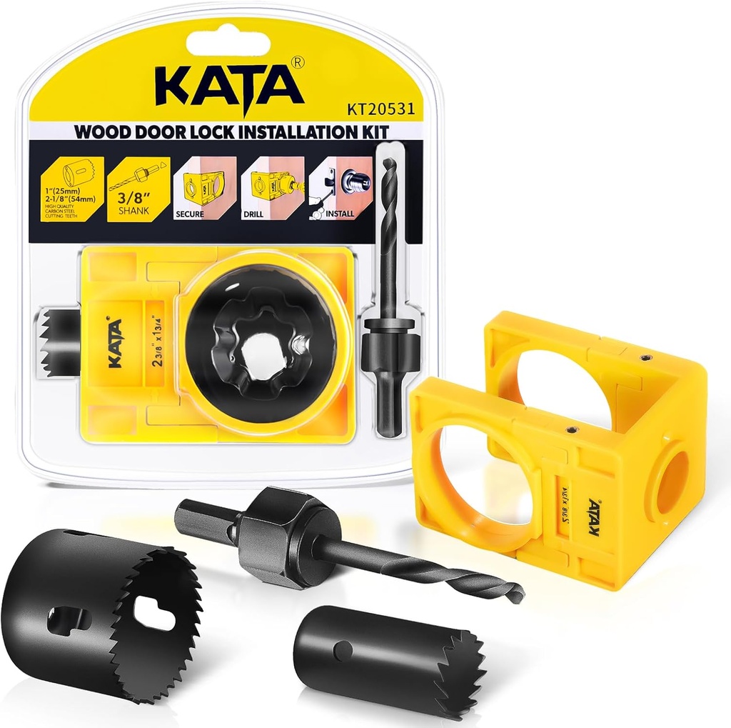 KATA 1-3/8" - 1-3/4" Door Lock Installation Kit with Large Chip-Clearance Slots, Door Lock Hole Saw for Deadbolts and Locksets for Wooden Doors with Guide Template, Carbon Steel