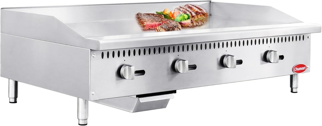 48" Commercial Countertop Griddle, 4 Burners Gas Griddle, 120000 BTU Output, Stainless Steel Flat Top Grill Hot Plate with Natural Gas and Propane Conversion Kit for Restaurant, Food Truck