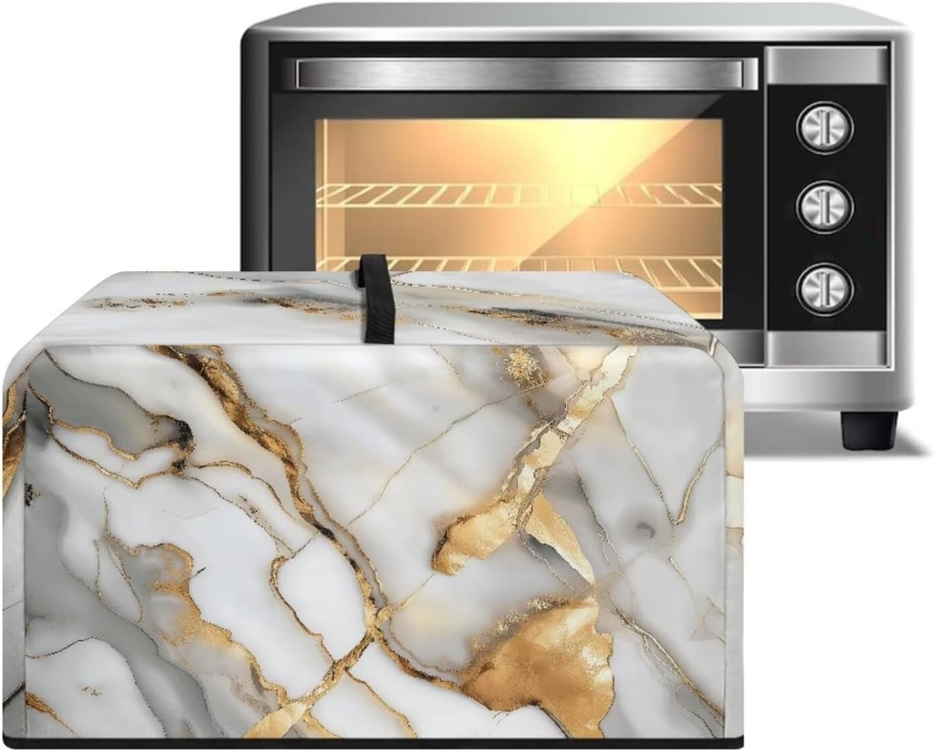 White Gold Marble Pattern Microwave Oven Cover Foldable Machine Protector Decorative Dustproof Protections for Toaster Oven Home Decoration Accessories-L