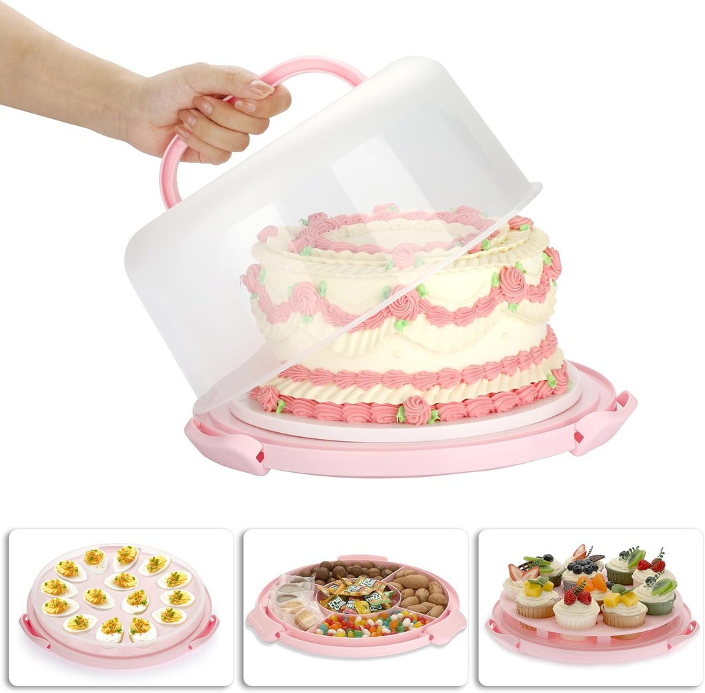 BSTKEY Portable Cake Carrier with Lid and Handle, Devil Egg Container + Cupcake Storage Tray for Transport, 10 Round Cake Container Holder with Two Sided Base for Pies Cookies Nuts Fruit, Pink