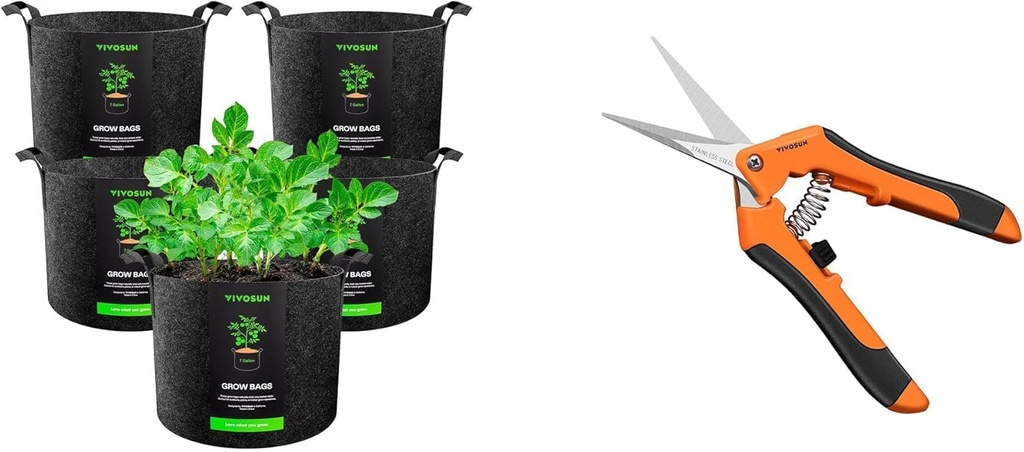 VIVOSUN 5-Pack 7 Gallon Plant Grow Bags and 6.5 Inch Gardening Scissors Hand Pruner Pruning Shear with Straight Stainless Steel Blades Orange 1-Pack