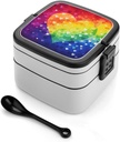 Adult Double-Layer Bento Box Portable Colorful Rainbow Love Heart Lunchbox 1 L Capacity Leak-Proof Bento Box Microwave-Safe Food Container with Spoon And Hidden Handle