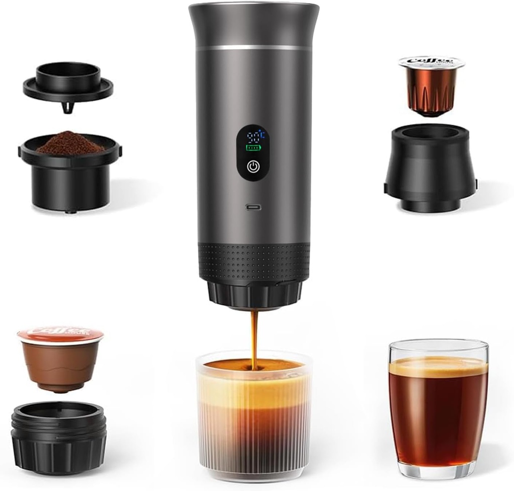 3-in-1 Portable Espresso Machine for Travel & Camping- 20 Bar Self-Heating Portable Coffee Maker with USB-C LED Display Car Coffee Maker, Compatible with Grounds&Capsules(Ns&DG) for RV, Hiking, Office