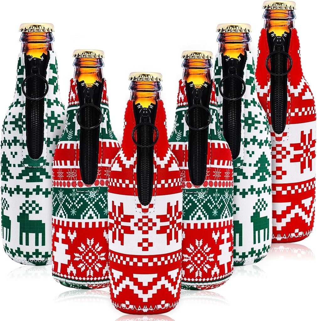 Whaline 6Pcs Christmas Beer Bottle Coolers Ugly Sweater Neoprene Sleeves Red Green Thermocoolers Zip-Up Bottle Jacket Sleeves Xmas Bottle Cooler Cover for Winter Party, 2.8 x 7.7 In