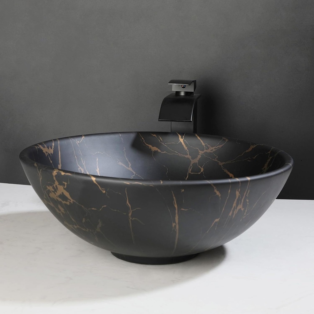 Bathroom Vessel Sink Black Ceramic Vessel Sink with Waterfall Faucet and Pop-Up Drain Combo,Above Counter Round Bathroom Sink Bowl