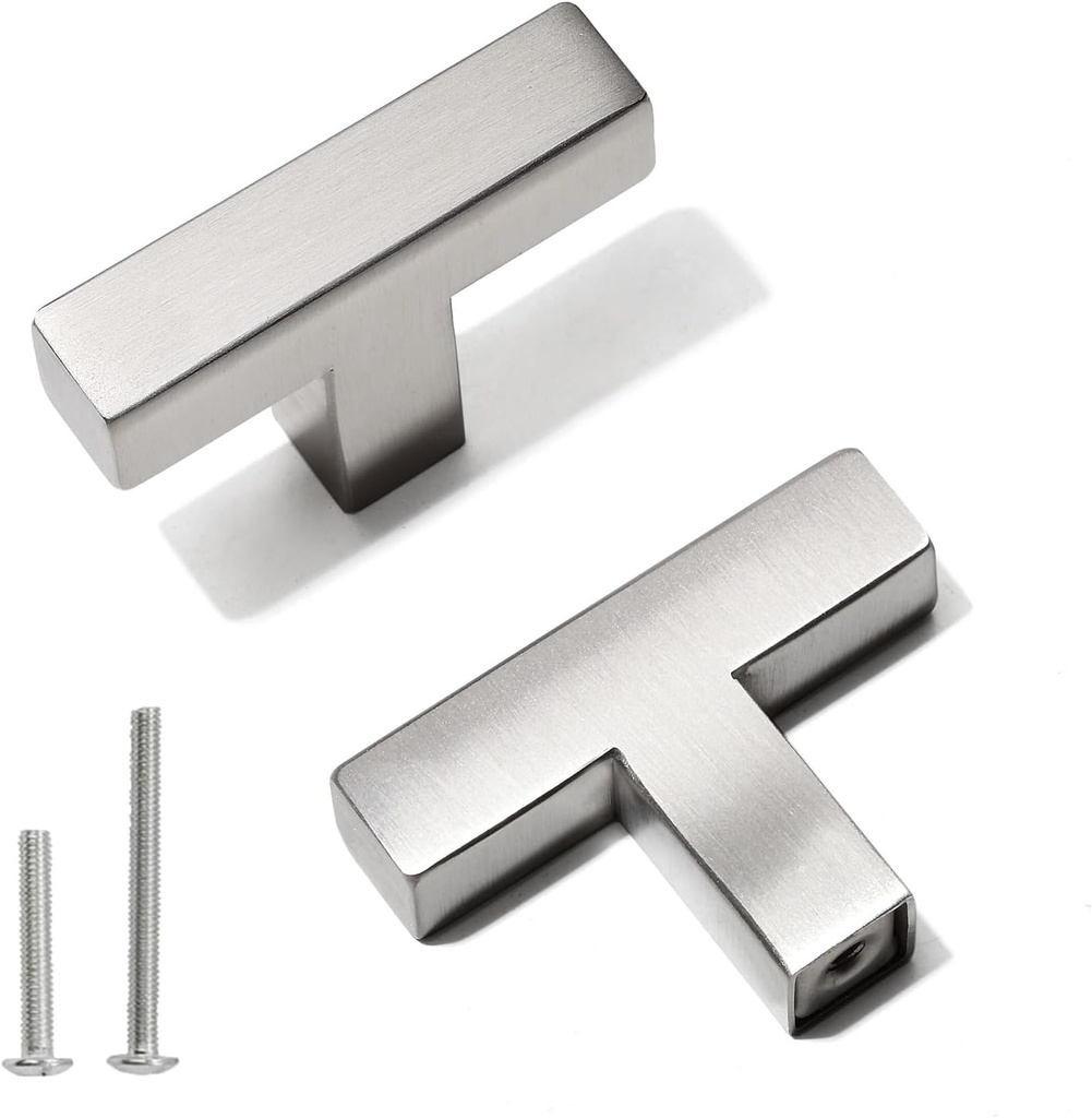 Bar Cabinet Pulls - 2 Pack Square Brushed Nickel Drawer Knobs, Stainless Steel Single Hole Cupboard Hardware