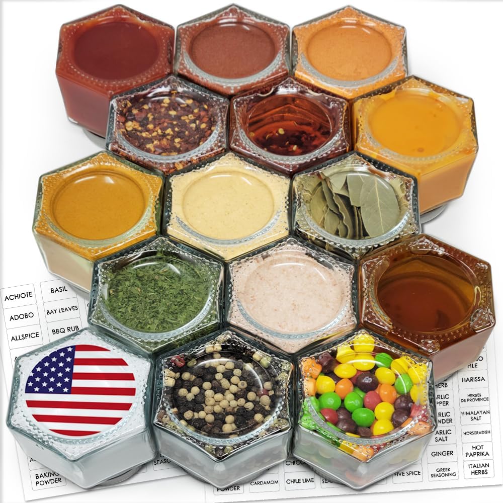 15 Set Magnetic Spice Jars - Large 4 oz Refrigerator Hexagon Glass Spice Containers with Magnetic Lids and Shaker Spice Labels for RV Travel Trailer Kitchen Fridge Cabinet Wall Mount