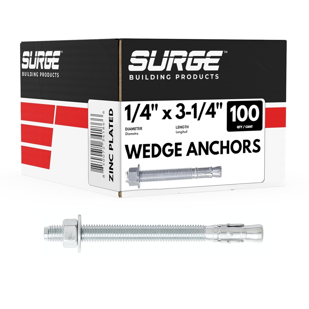 1/4" x 3-1/4" Zinc-Plated Wedge Anchors for Concrete and Cement | Heavy-Duty 1/4 Concrete Anchors (Box of 100)