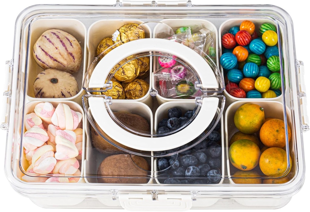 Amzcku Divided Serving Tray with Lid and Handle - Snackle Box Charcuterie Container for Portable Snack Platters - Clear Organizer for Candy, Fruits, Nuts, Snacks - Perfect for Party, Entertaining