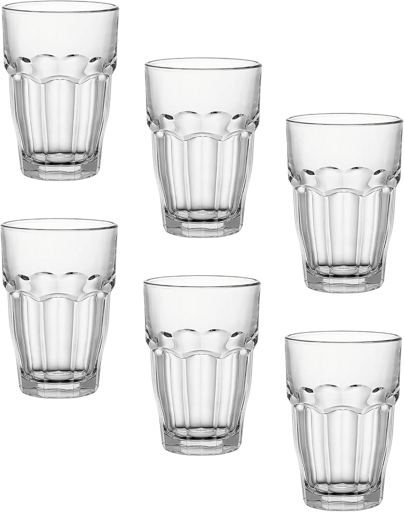 Bormioli Rocco Rock Bar Stackable Beverage, Set Of 6 Dishwasher Safe Drinking Glasses For Soda, Juice, Milk, Coke, Beer, Spirits – 12.5oz Durable Tempered Glass Water Tumblers For Daily Use