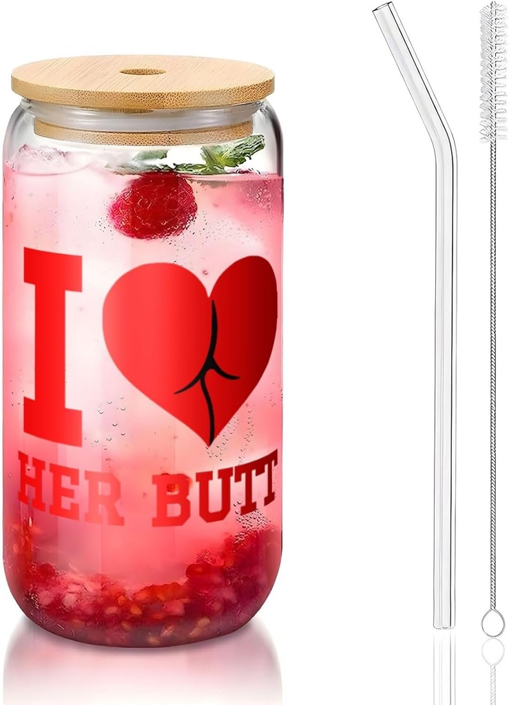 I Love Her Butt 16 Oz Drinking Glasses With Bamboo Lids,Glass Straw And Cleaning Brushes Glass Tea Cup For Iced Coffee,Smoothie,Cocktail,Beer,Whiskey,Soda,Matcha