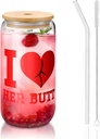 I Love Her Butt 16 Oz Drinking Glasses With Bamboo Lids,Glass Straw And Cleaning Brushes Glass Tea Cup For Iced Coffee,Smoothie,Cocktail,Beer,Whiskey,Soda,Matcha