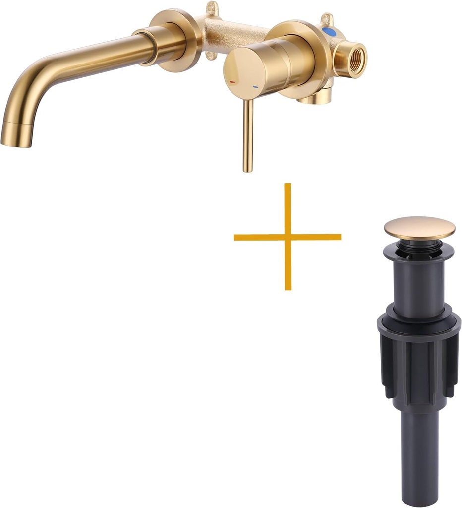 Brushed Gold Single Handle Vanity Faucet and Bathroom Sink Drain Without Overflow