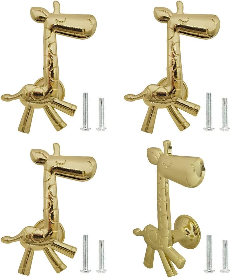brandname Giraffe Knobs 4 Pcs Cute Animal Drawer Pull Kitchen Cabinet Closet Wardrobe Dresser Cupboard Door Handle Decoration Furniture Bedroom Home Office Accessories (Gold)