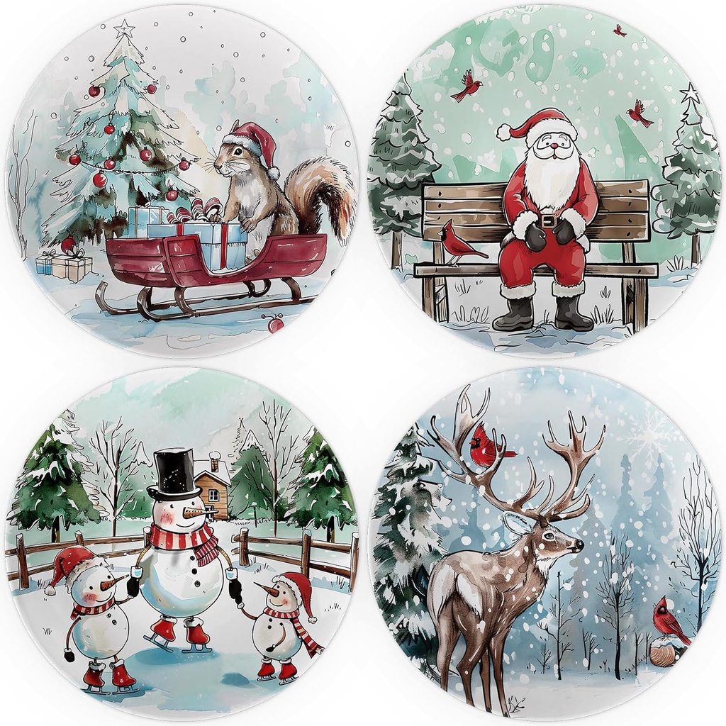 10" Christmas Melamine Plate Set – Dishwasher-Safe, Festive Round Plates with Santa, Snowman, Reindeer & Squirrel Watercolor Designs – Holiday Dinnerware for Table Decor & Parties (Set of 4)