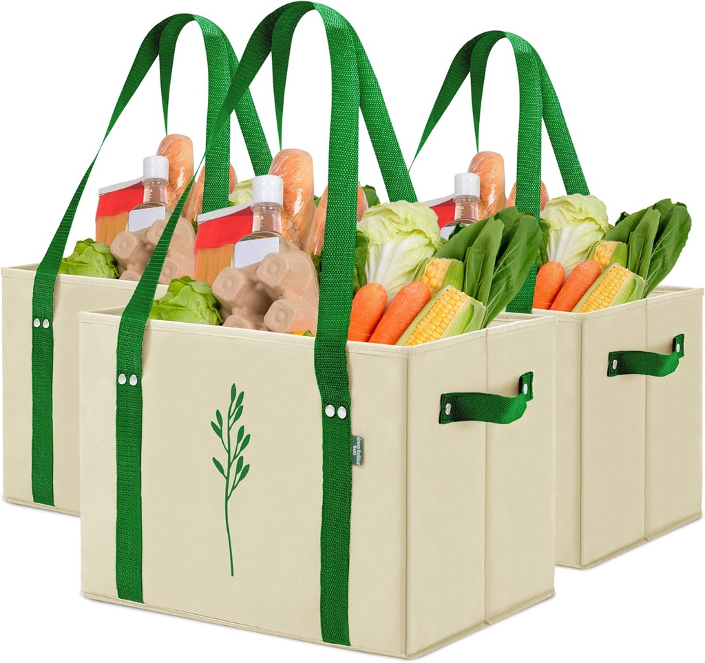 Green Bulldog Reusable Grocery Bags - Heavy Duty Reusable Shopping Tote Bags W/Long Handles, Foldable & Collapsible, Holds Up to 65 lbs - for Kitchen, Picnic 3 Pack