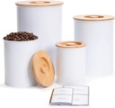 Canisters Sets for Kitchen Countertop, White Metal Kitchen Canisters Set of 4, Flour and Sugar Storage Containers with Airtight Bamboo Lid and Stickers, Coffee and Tea Storage, Farmhouse Decor