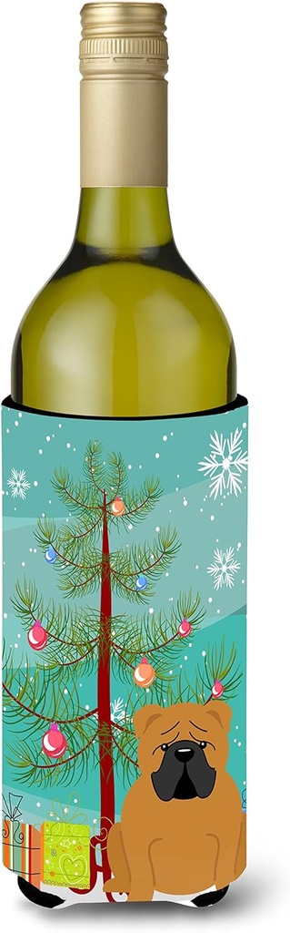 Caroline's Treasures BB4247LITERK Merry Christmas Tree English Bulldog Red Wine Bottle Hugger Bottle Cooler Sleeve Hugger Machine Washable Collapsible Insulator Beverage Insulated Holder