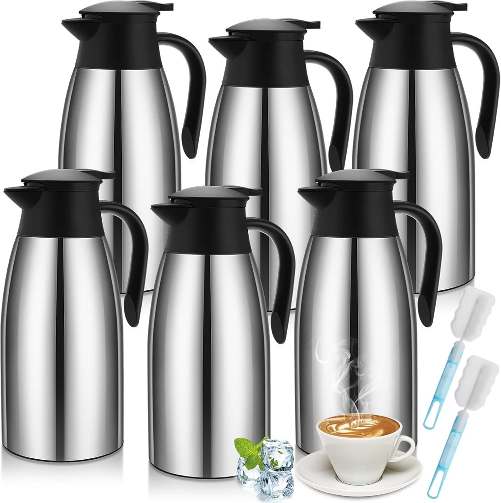 6 Pcs Coffee Carafes for Keeping Hot 68 oz Insulated Stainless Steel Thermal Coffee Carafe Drink Dispenser Flask for Tea with 4 Brushes, Keep 12 Hours Hot 24 Hours Cold(Silver)