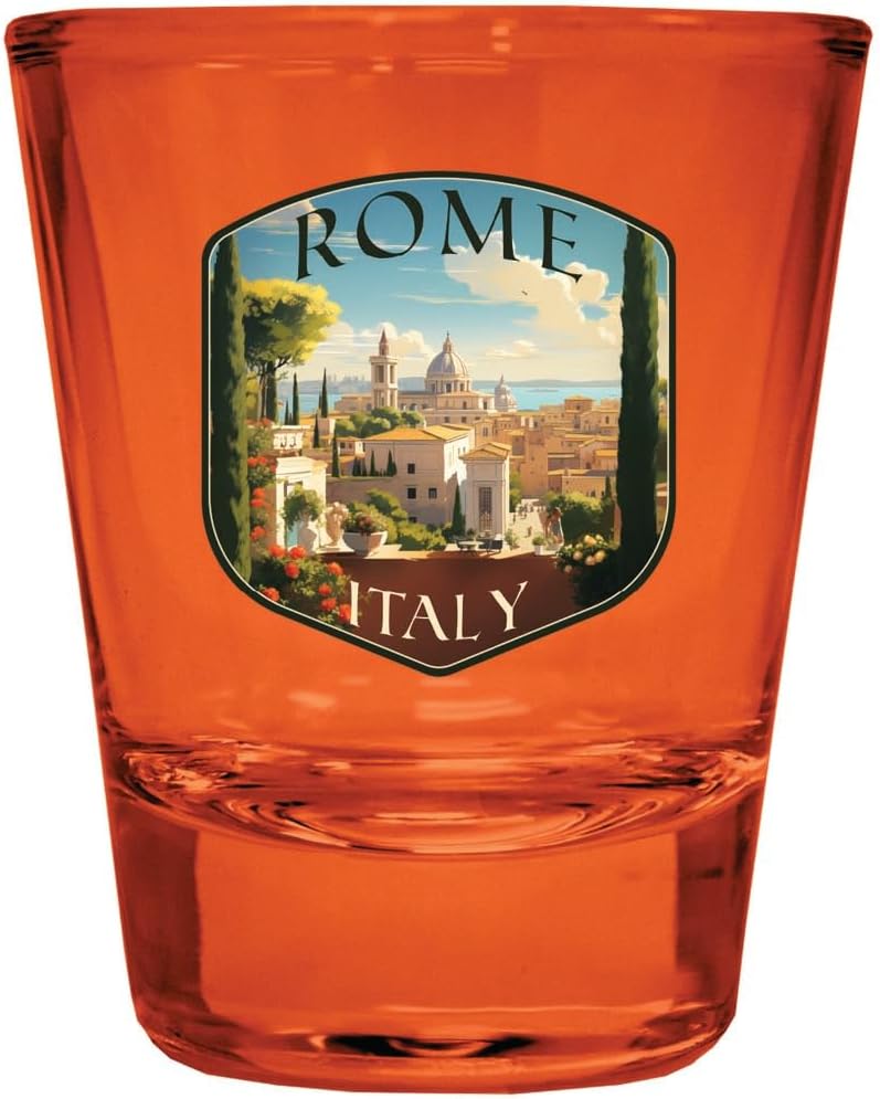 R and R Imports Rome Italy Design C Souvenir Full Color 2oz Shot Glass Orange Single