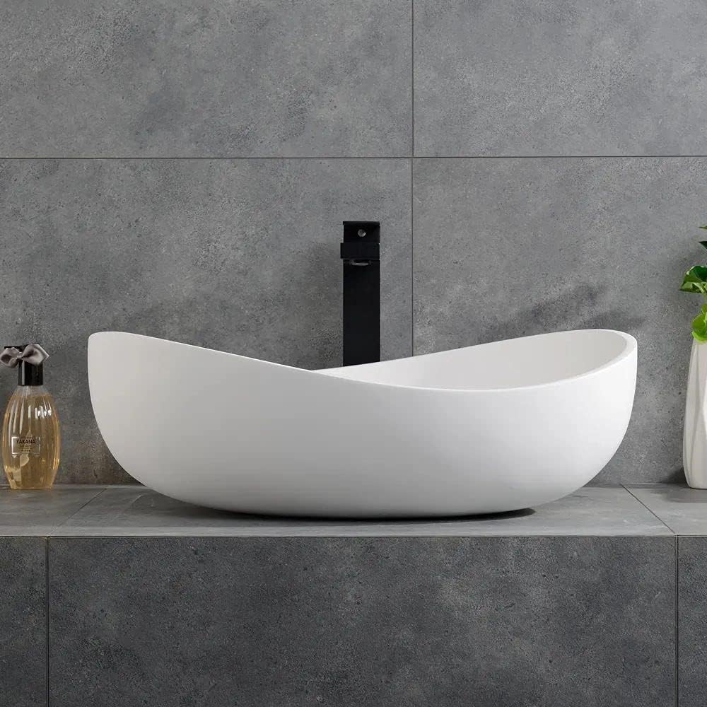 Oval Vessel Sink Stone Resin Bathroom Sink Modern Art Sink Matte White with Pop Up Drain (Glossy White)