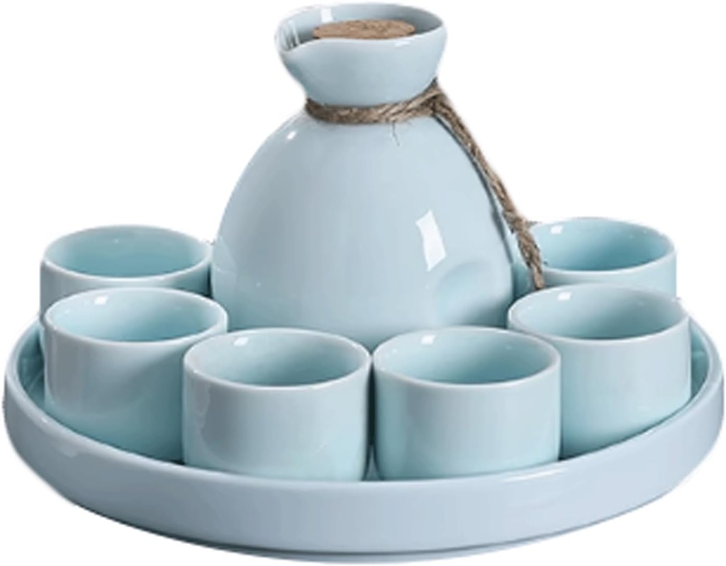 Ceramic Cup 8 Piece Sake Set Crafts Wine Glass White and Blue Glaze Texture Ceramic Cups Crafts Wine Glasses Sake Cup Set Sake Drinking Set (Blue)