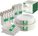 250 Pcs Biodegradable Paper Plates Set Disposable Dinnerware Set, Eco Friendly Compostable (EXTRA LONG UTENSILS), Utensil include, Forks, Knives and Spoons for Party andBirthday party, camping