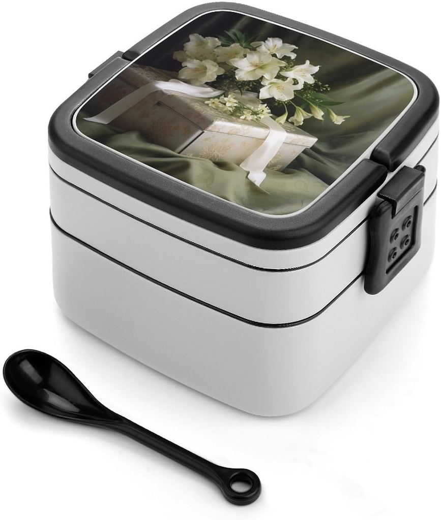 White Flowers on Box Bento Box Adult Lunch Box All-in-One Lunch Containers with Removable Compartments Double Layer Bento Lunch Box with Spoon And Handle Stackable Lunchbox