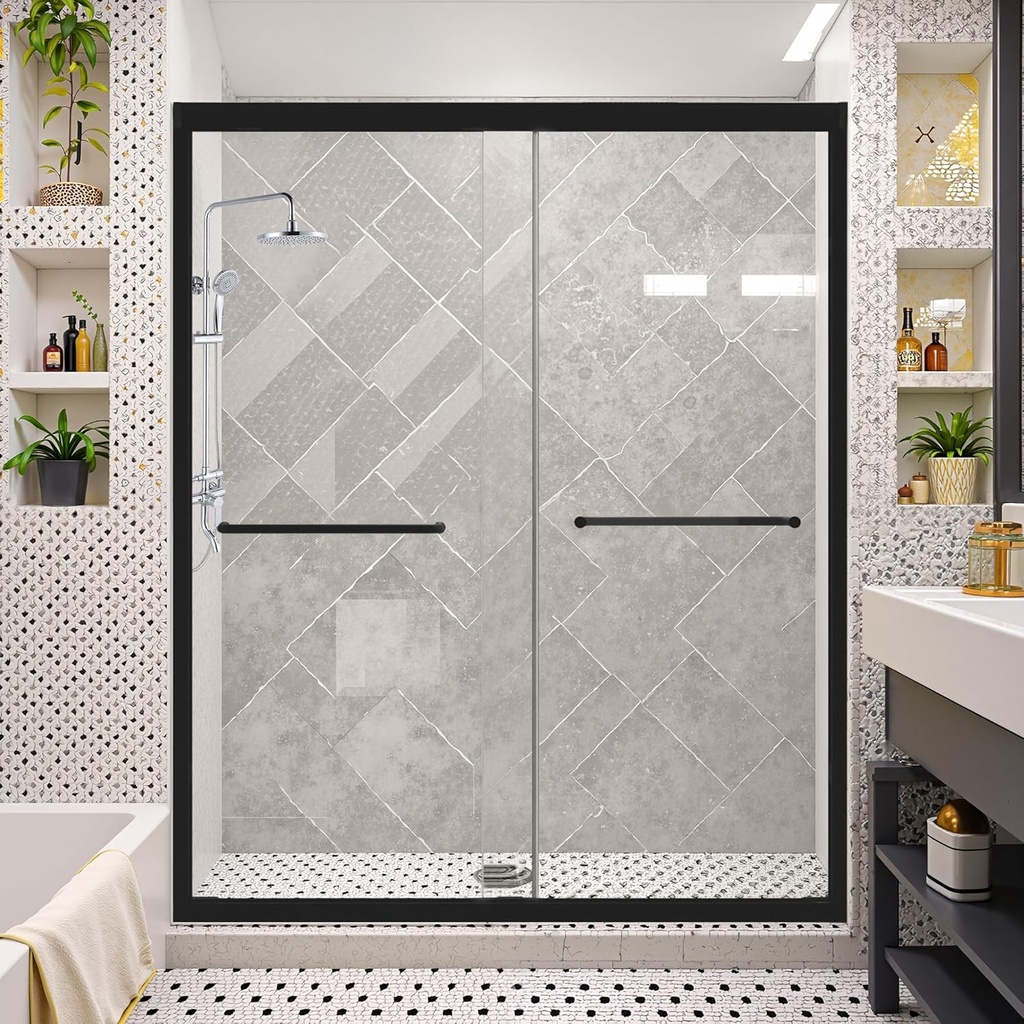 Okak Shower Door 56-60" W x 72" H Semi-Frameless Shower Doors Glass Sliding with 1/4" Thick Tempered Glass and Stainless Steel Handle for Hotel, Matte Black