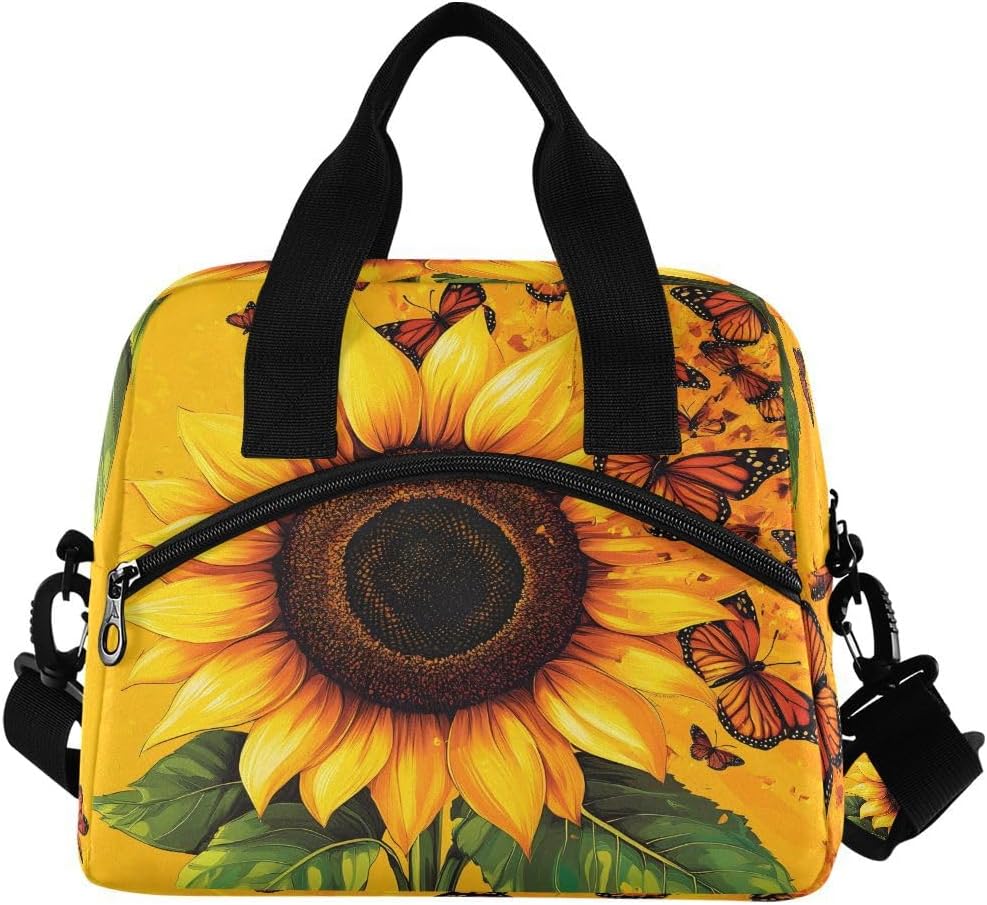ALAZA Yellow Sunflower Flower Butterfly Insulated Lunch Bag Reusable Cooler Lunch Tote Box with Shoulder Strap for Outdoor Picnic Work School