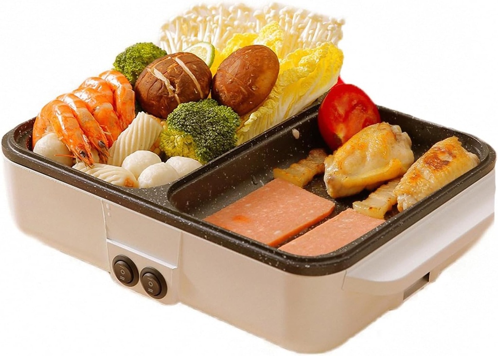 Chinese copper hot pot, Mini Hot Pot Electric Grill, Two-Speed Control Shabu-Shabu Barbecue Pot, Household Dual-Use Electric Griddle Pan(White)