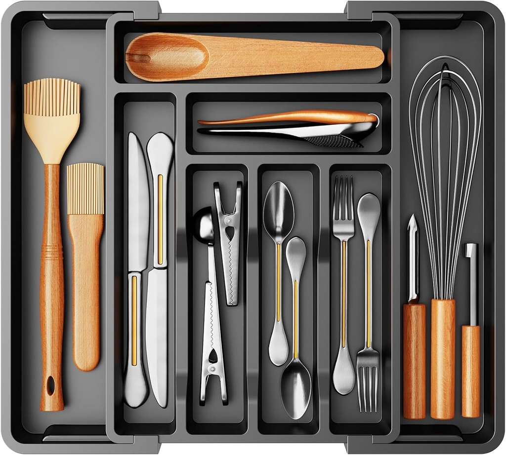 Pipishell Silverware Drawer Organizer, Expandable BPA-Free Kitchen Utensil Storage Tray for Forks, Spoons and Knives, Black Plastic Cutlery Holder