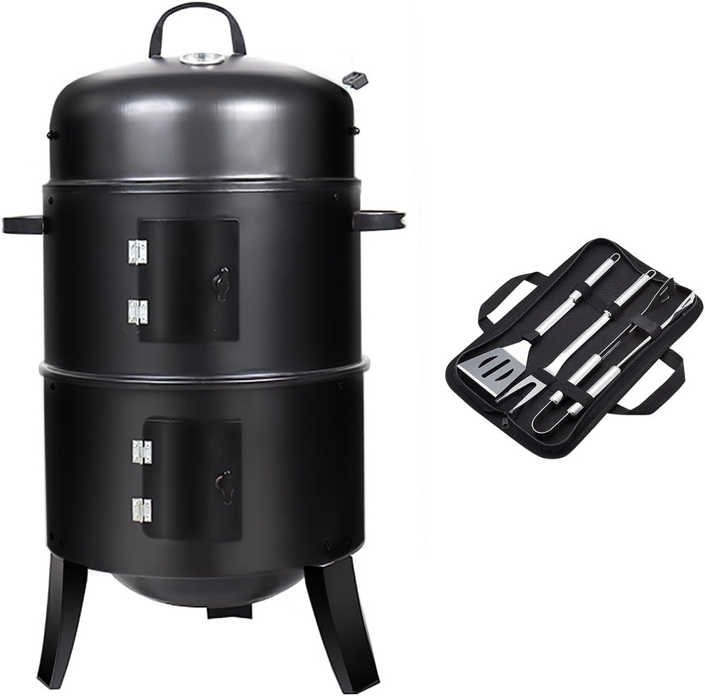 16 inch Vertical Charcoal Smoker, Mini BBQ Grill, Fire Pit, 3-in-1 with Built-in Thermometer, Adjustable Air Vent, Idea for Parties, Backyard, Patio, Camping