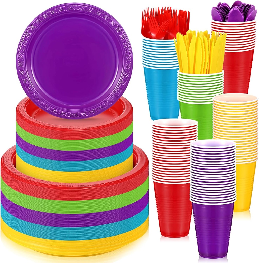 Uiifan 300 Pcs Multicolor Plastic Party Supplies Plastic Dinnerware Set Include 50 Dinner Plates 50 Appetizer Plates 50 Cups 50 Knives 50 Forks and 50 Spoons