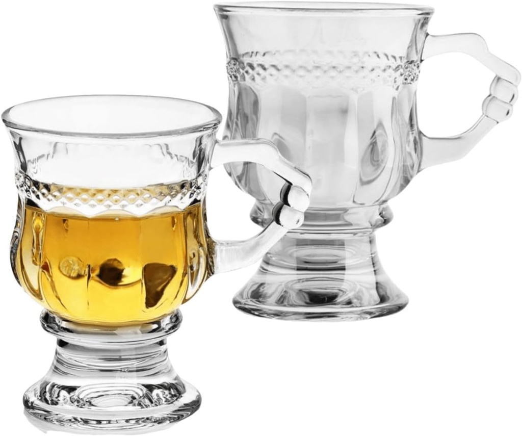 Vintage Irish Coffee Mugs, Crystal Clear Irish Coffee Glass with Handle, Footed Stem Base, Heat Resistant, Heavy Duty Cups for Hot Chocolate, Tea, Coffee
