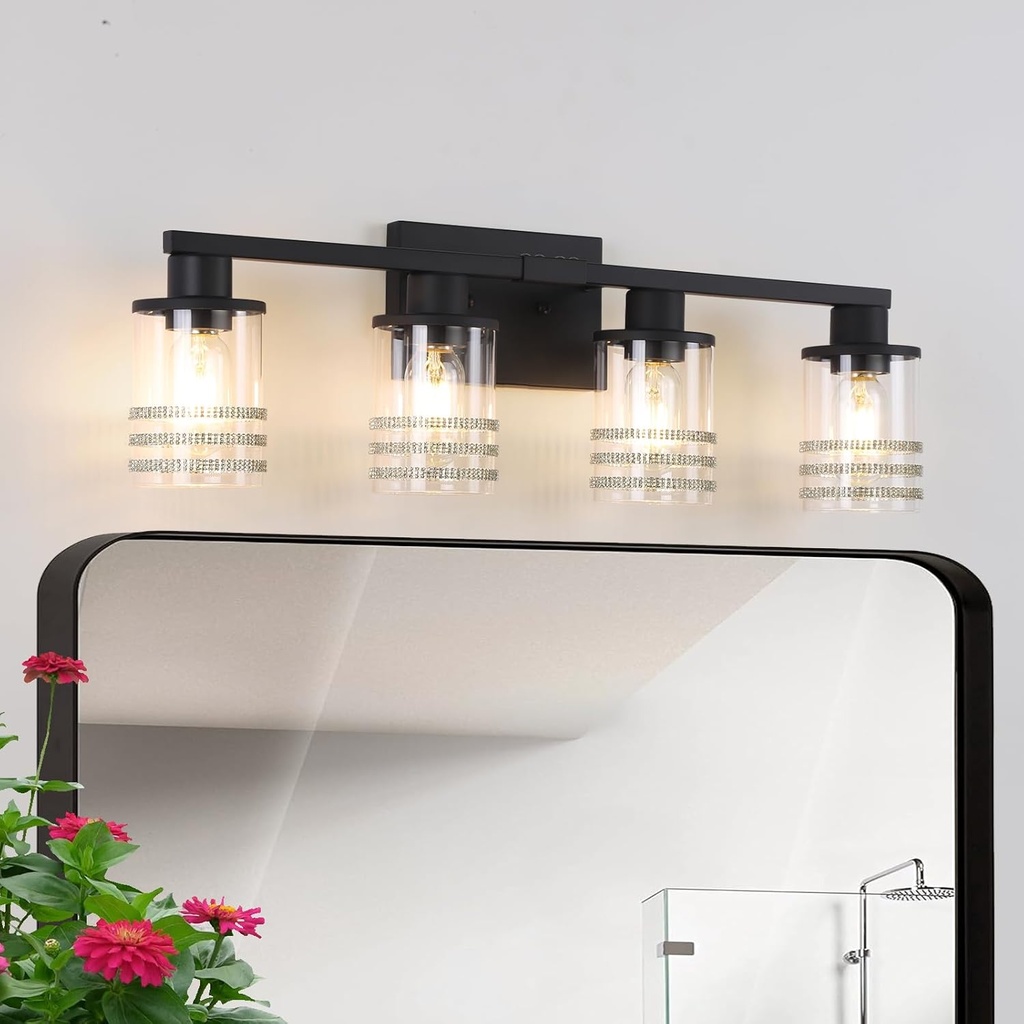 YYT 4 Light Bathroom Vanity Light Black 4-Light Bathroom Light Fixtures Over Mirror Vanity Lights with Clear Glass Shade for Living Room Bedroom Cabinet