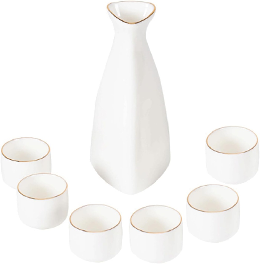 Japanese Sake Set Ceramic Sake Cups Hot and Cold Sake Container Liquor Dispenser Japanese Style Sake Stoneware (white)