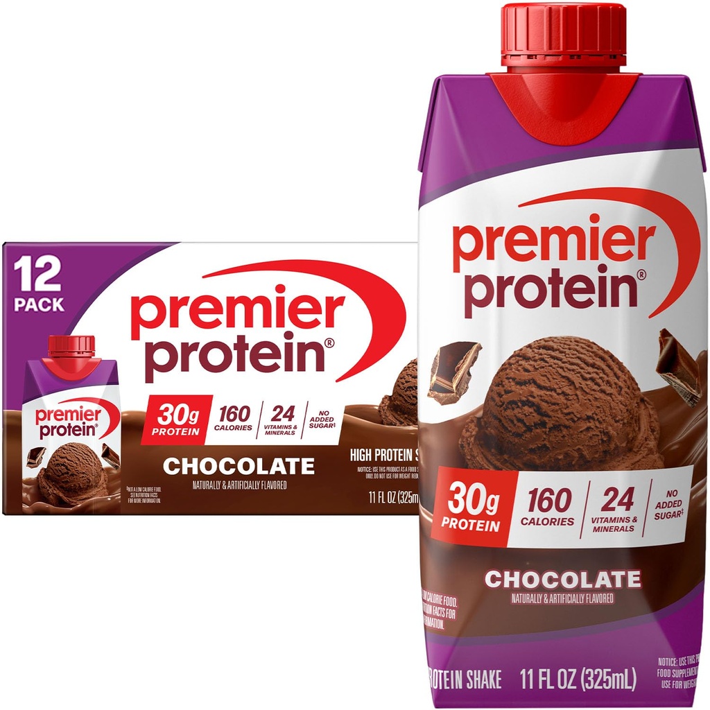 Premier Protein Shake, Chocolate, 30g Protein, 1g Sugar, 24 Vitamins & Minerals to Support Immune Health, 11 fl oz, Pack of 12 (Packaging May Vary)