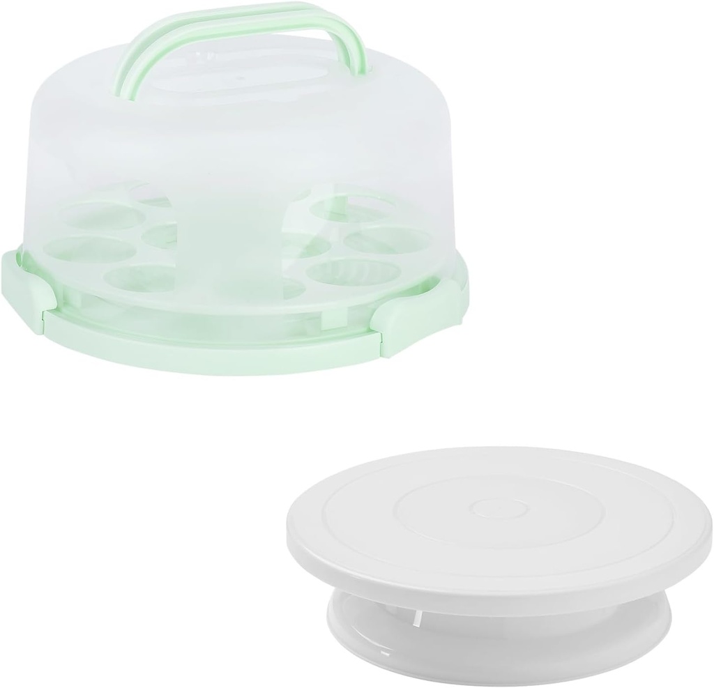 Cake Carrier, Carrier Cupcake Holder with Cake Turntable, Cake Carrier with Lid and Handle(Green)