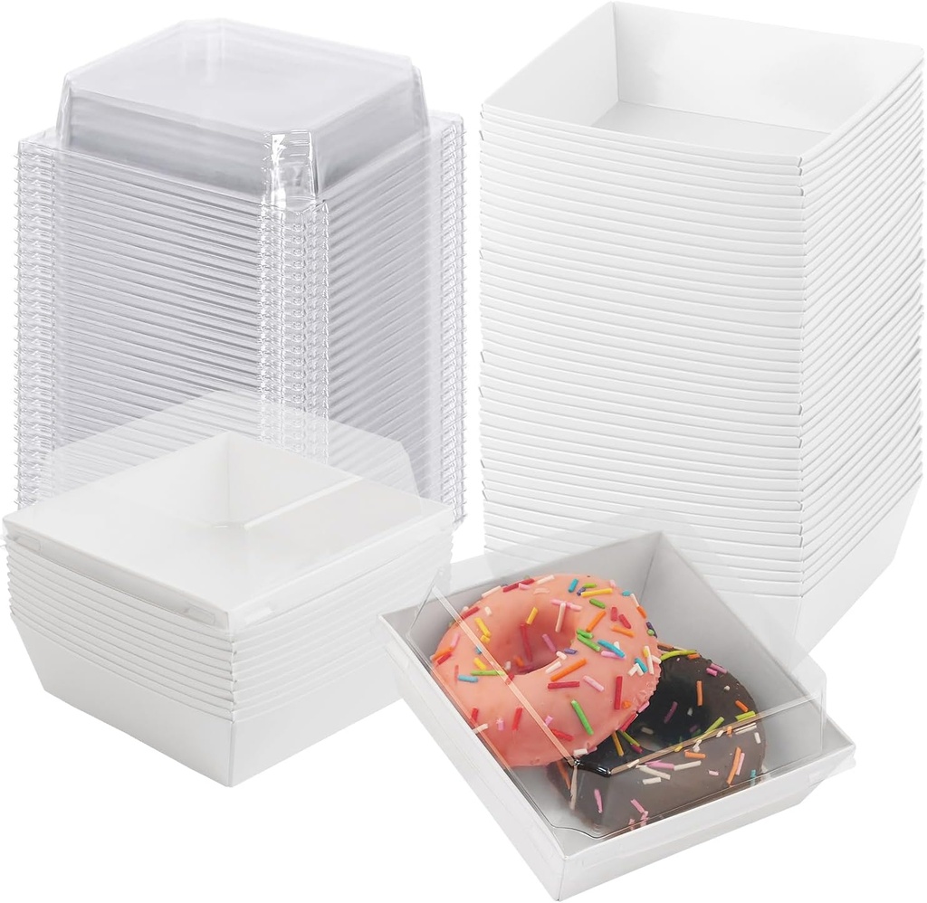 50 Pack Small Charcuterie Boxes with Clear Lids - Disposable Food Containers, 5Inch Dessert Boxes for Presenting and Transporting an Assortment of Meats, Cheeses, Fruits and Other Delicacies. (White)