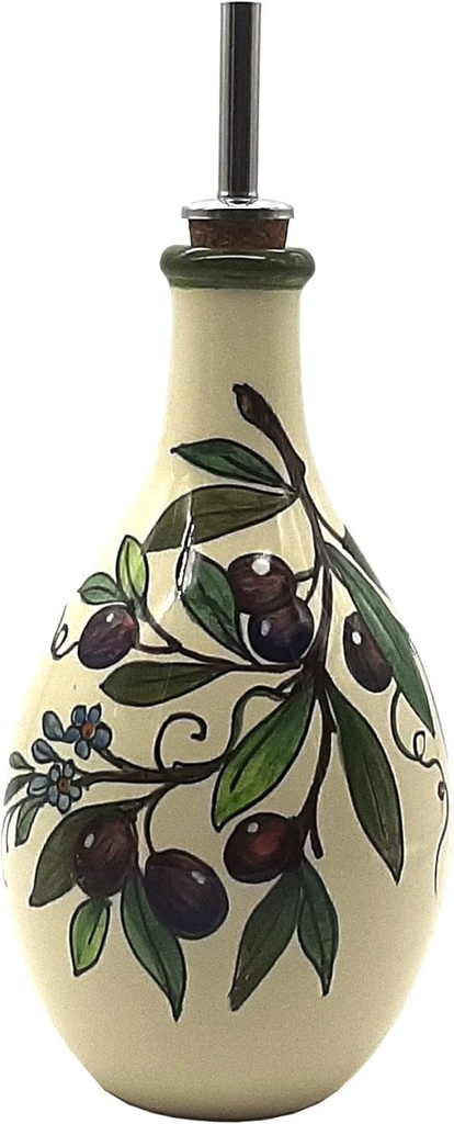 Italian Ceramic Olive Oil Dispenser Bottle for Kitchen 17 Oz, Cooking Cruet Hand Painted With Brush, Decoration With Olive Branch, Produced by Giotti Ceramiche Made in Italy Tuscany, Handmade Pottery