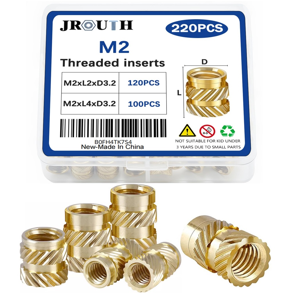 M2 Threaded Inserts for Plastic Heat Set Insert Brass Insert Assortment Kit for 3D Printing Injection Molding Press Thread Nuts (M2x2x3.2, M2x4x3.2(220Pcs))