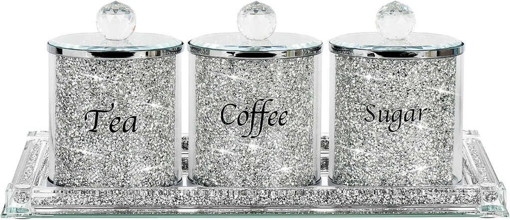 Topsky Coffee Sugar Tea Crystal Canister Set of 4,Sparkly Crystal Crushed Diamonds Home Decor,Silver Kitchen Coffee Jar Storage Set with Label & Lid,Storage Container Set for Countertop,Dining Room