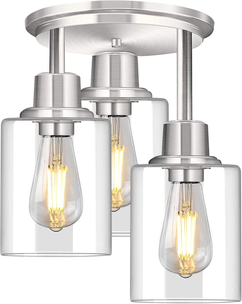 ROTTOGOON Semi Flush Mount Ceiling Light, 3 Light Close to Ceiling Light Fixtures, Brushed Nickel Finish Kitchen Light Fixtures with Clear Glass Shades, Modern Hallway Lights Fixtures Ceiling Mount