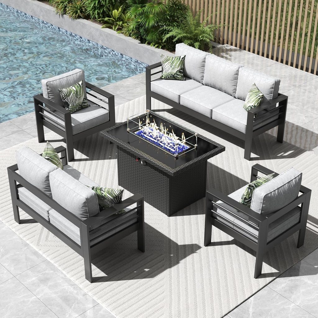 5 Pieces Modern Aluminum Patio Furniture Set with Fire Pit Table, Outdoor Conversation Sets Metal Sectional Sofa