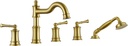 Roman Tub Faucet Set With Handheld Shower 5 Hole Deck Mount Tub Filler With Diverter, 3 Lever Handle Rough-in Valve and Water Supply Lines Included for Bathroom Tub, Brushed Gold