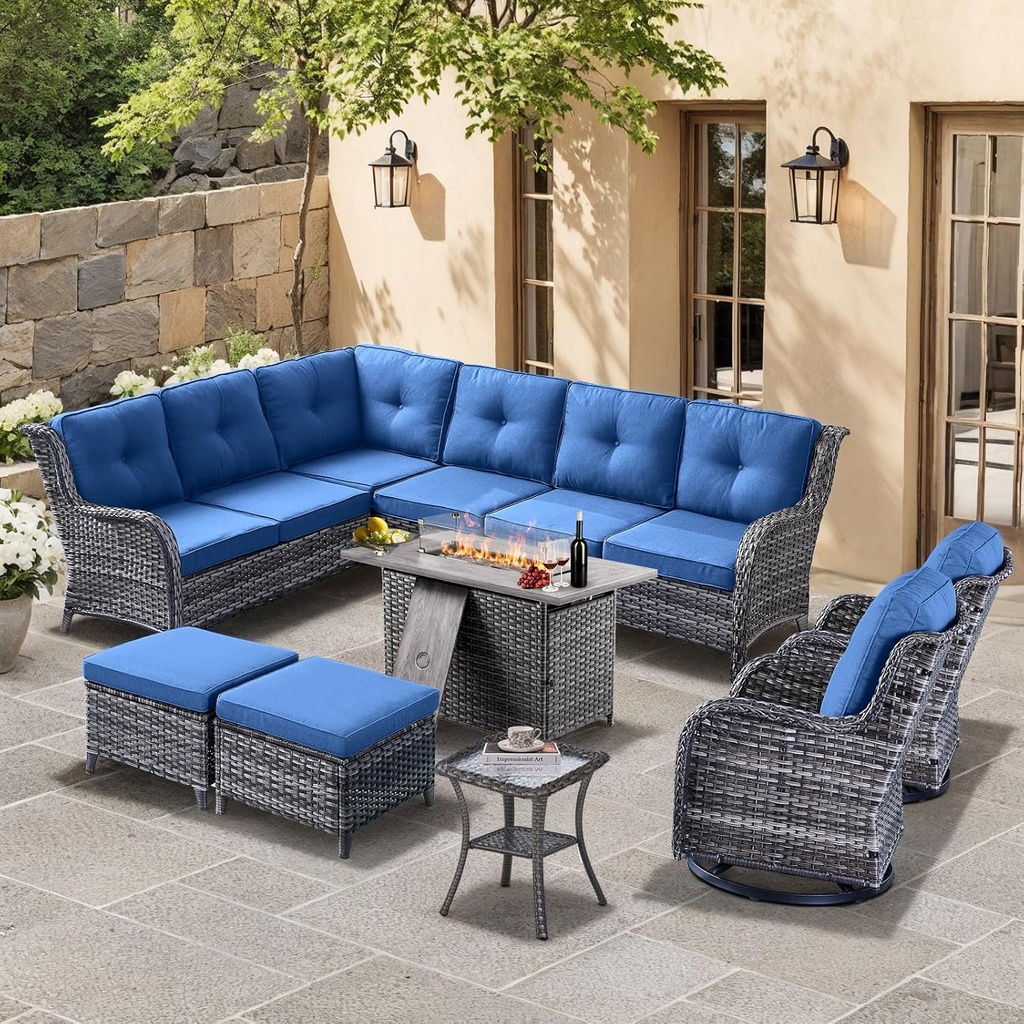 HUMMUH 8 Pieces Outdoor Patio Furniture Set with Fire Pit,L-Shaped Modular Sectional Couches with Swivel Patio Chairs,Wicker Conversation Set for Deck,Backyard,Porch,Garden